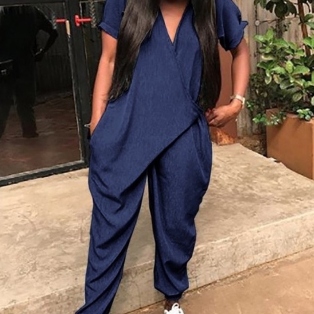 Casual Wrapped Harem Jumpsuit with Pockets - Navy